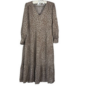 A New Day Dress Womens Size XS Brown White Spotted Long Sleeve Maxi Cotton Blend